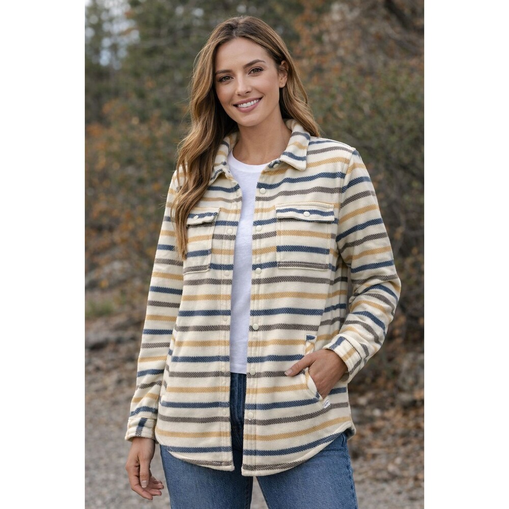 O'Neill Snap Button Beige Womens Stripe Long Sleeve Shacket Soft Fleece Shirt XL